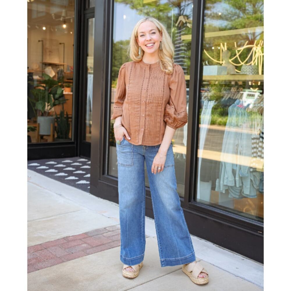 Evereve Pintuck Pleated Ladder Lace Trim Blouse Brown XS